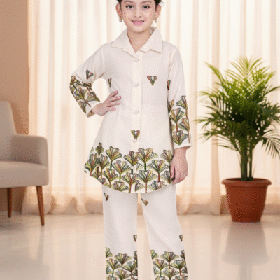 Elegant Cream Floral Printed Girls Co-Ord Set