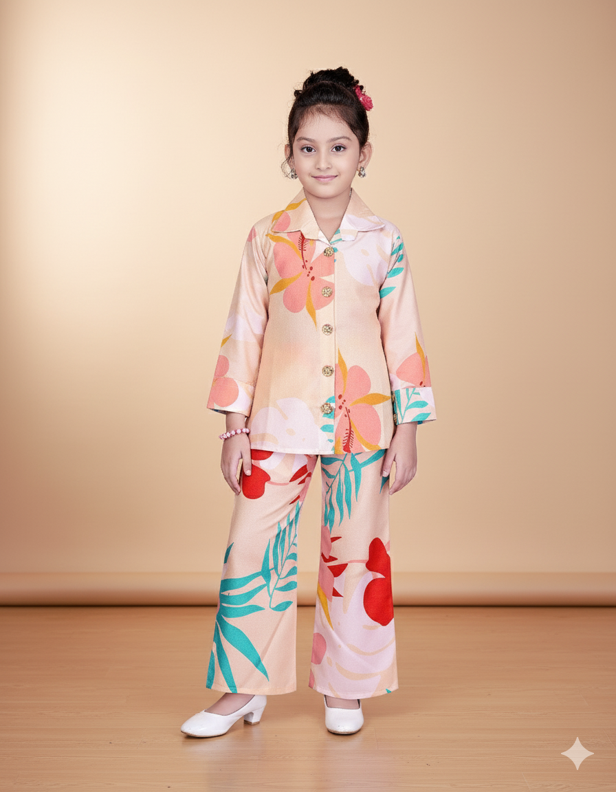 Girls' Peach Floral Co-ord Set - Chic Button-Up Shirt & Wide-Leg Pants