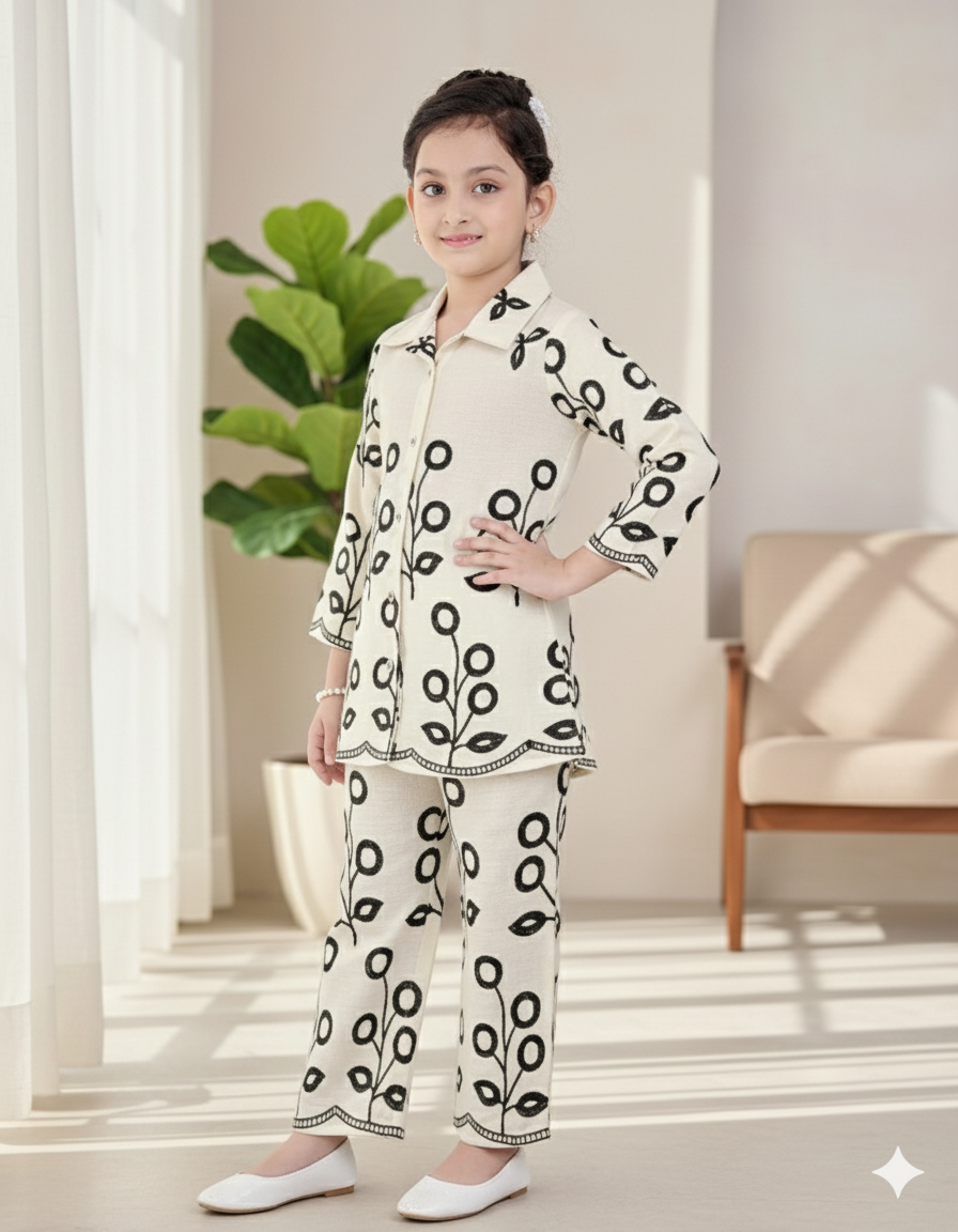 Elegant Bloom Girls Cotton Co-Ord Set – Cream & Black Floral Pattern - Image 2