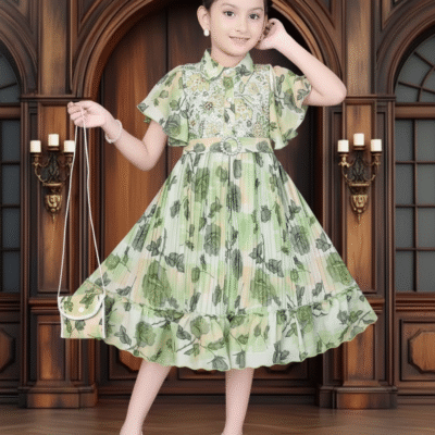 Mint Blossom Girls’ Short Middy Dress with Floral Print & Belt
