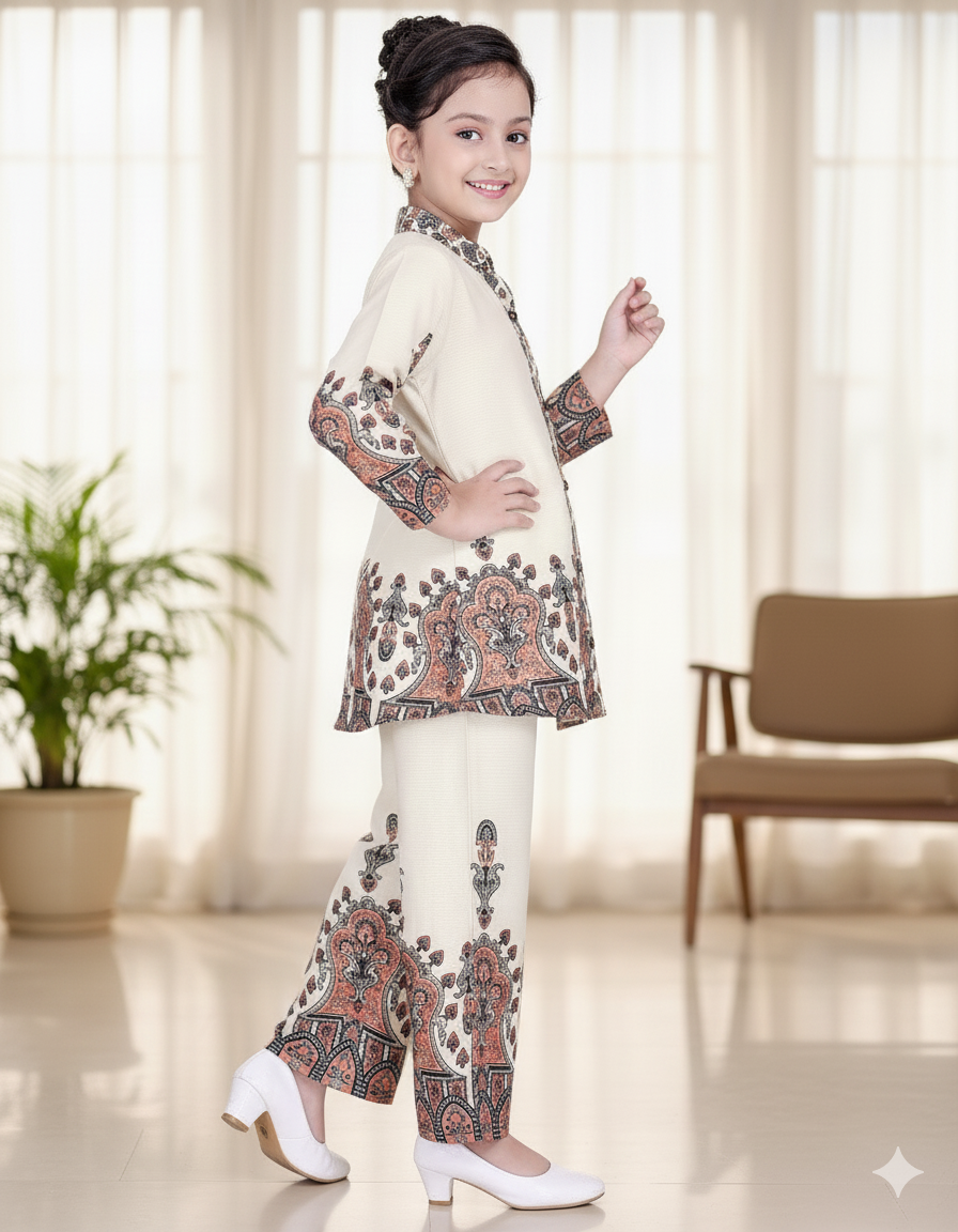 Royal Heritage Girls Ethnic Co-Ord Set – Cream & Rust Paisley Print - Image 2