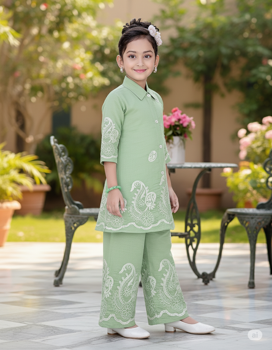 Elegant Mint Green Embroidered Plazo-Set for Girls - Image 2