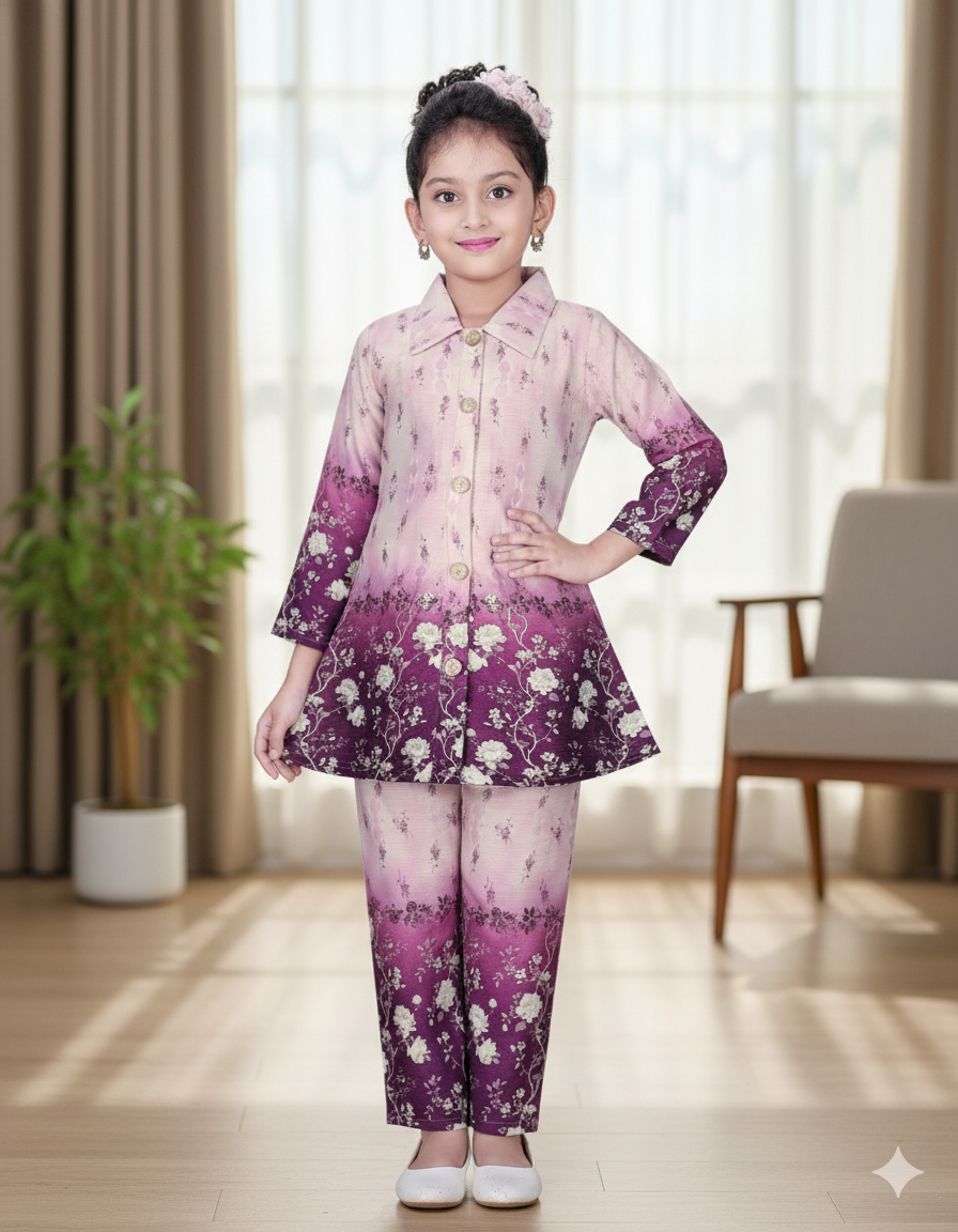 Royal Plum Floral Printed Girls Co-Ord Set