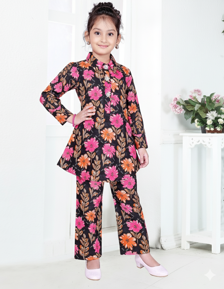 Floral Elegance Girls’ Coat-Pant Set