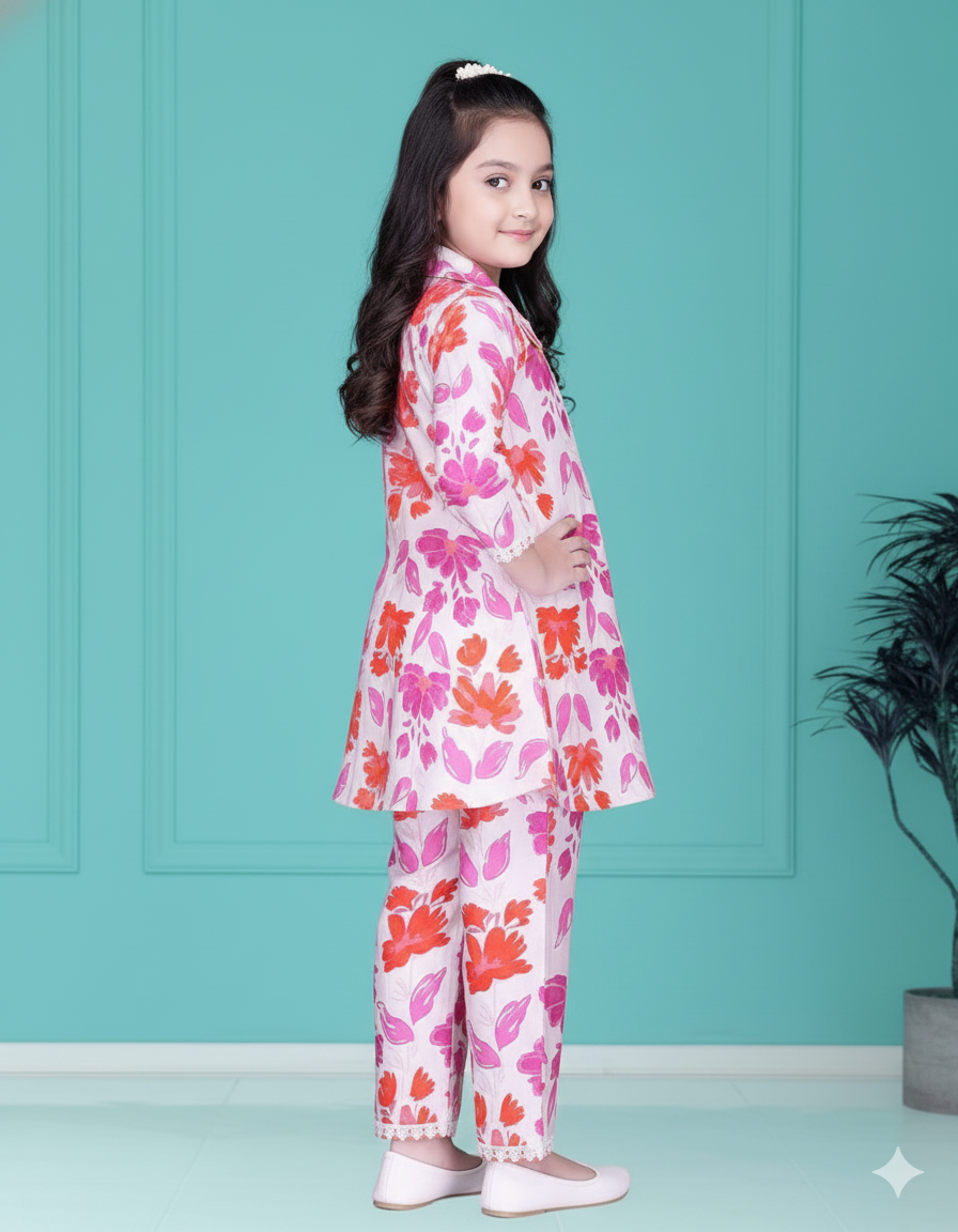 Bloomy Pink Floral Kurta Set for Girls - Image 2