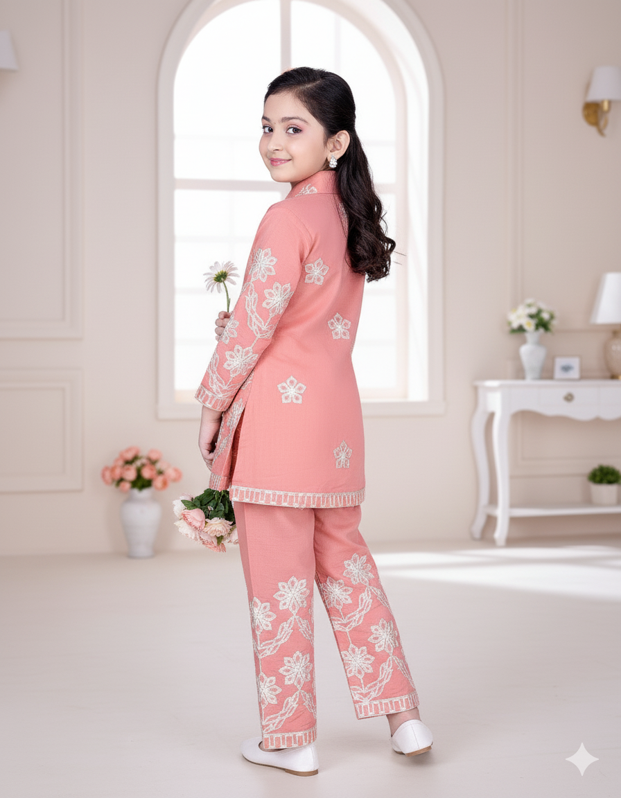 Peach Petal Embroidered Pant-Top Set - Image 2