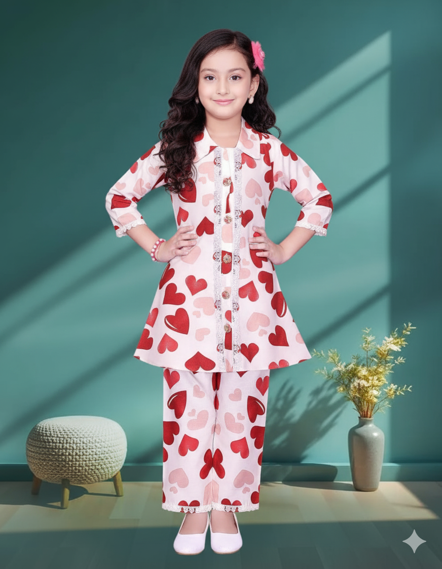 Heart Bloom Girls Coat-Pant Set