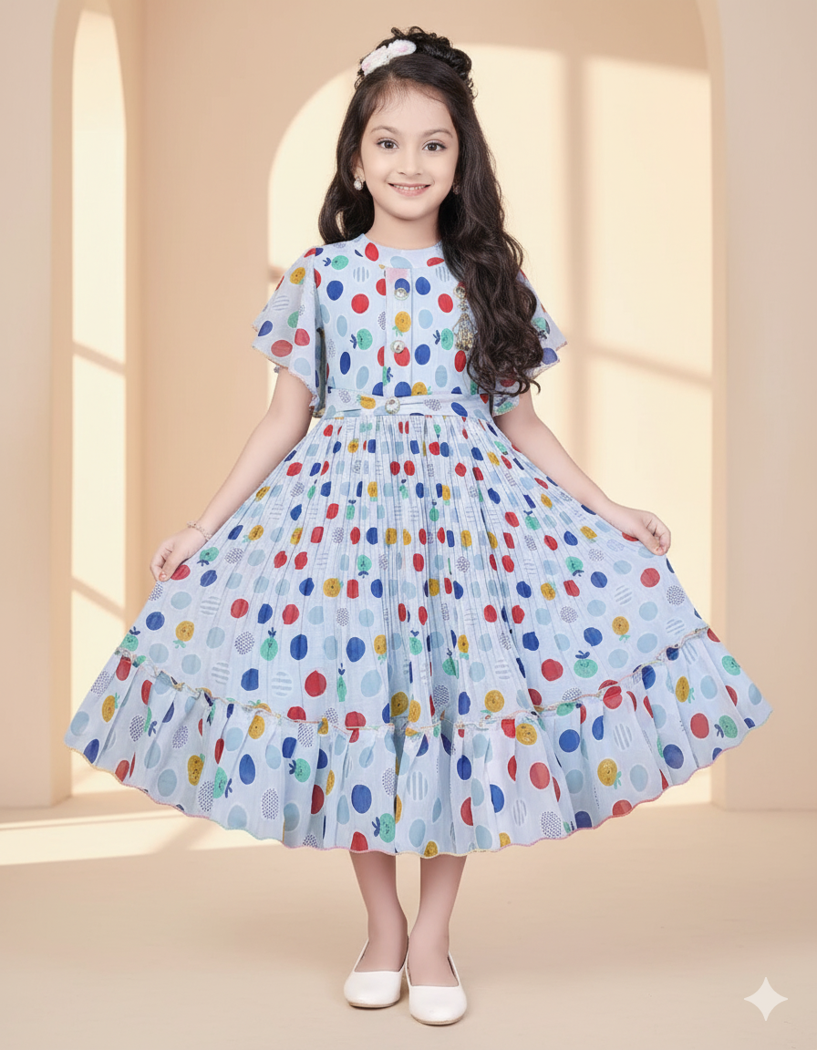 Blue Polka Dream Pleated Party Dress