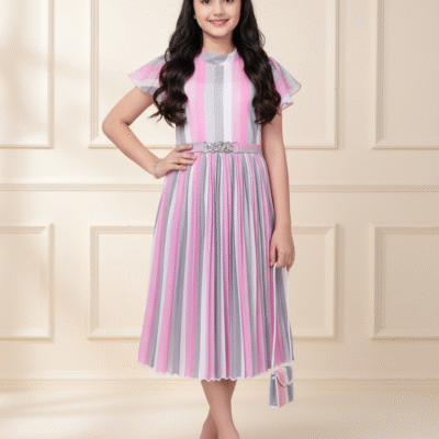 Pastel Charm Striped Pleated Midi Dress for Girls