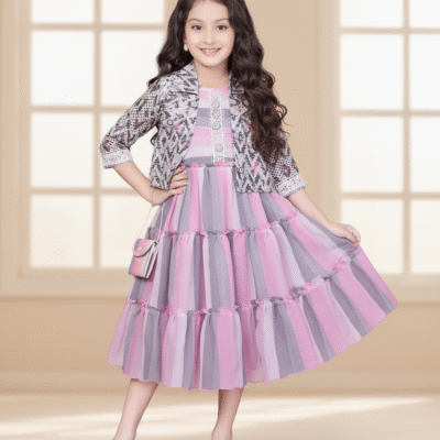 Lavender Charm Striped Party Dress with Jacket