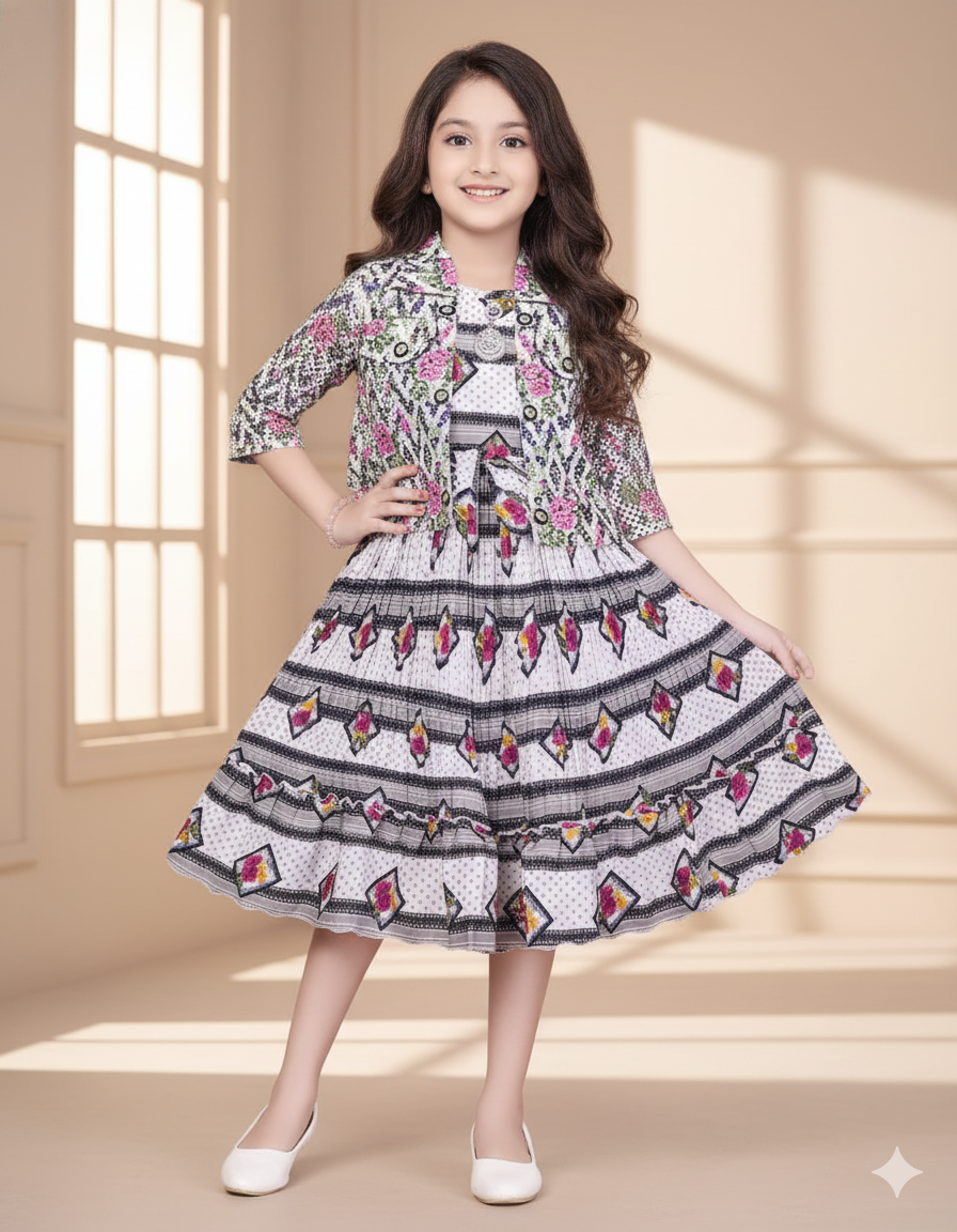 Floral Elegance Girls’ Printed Frock Set