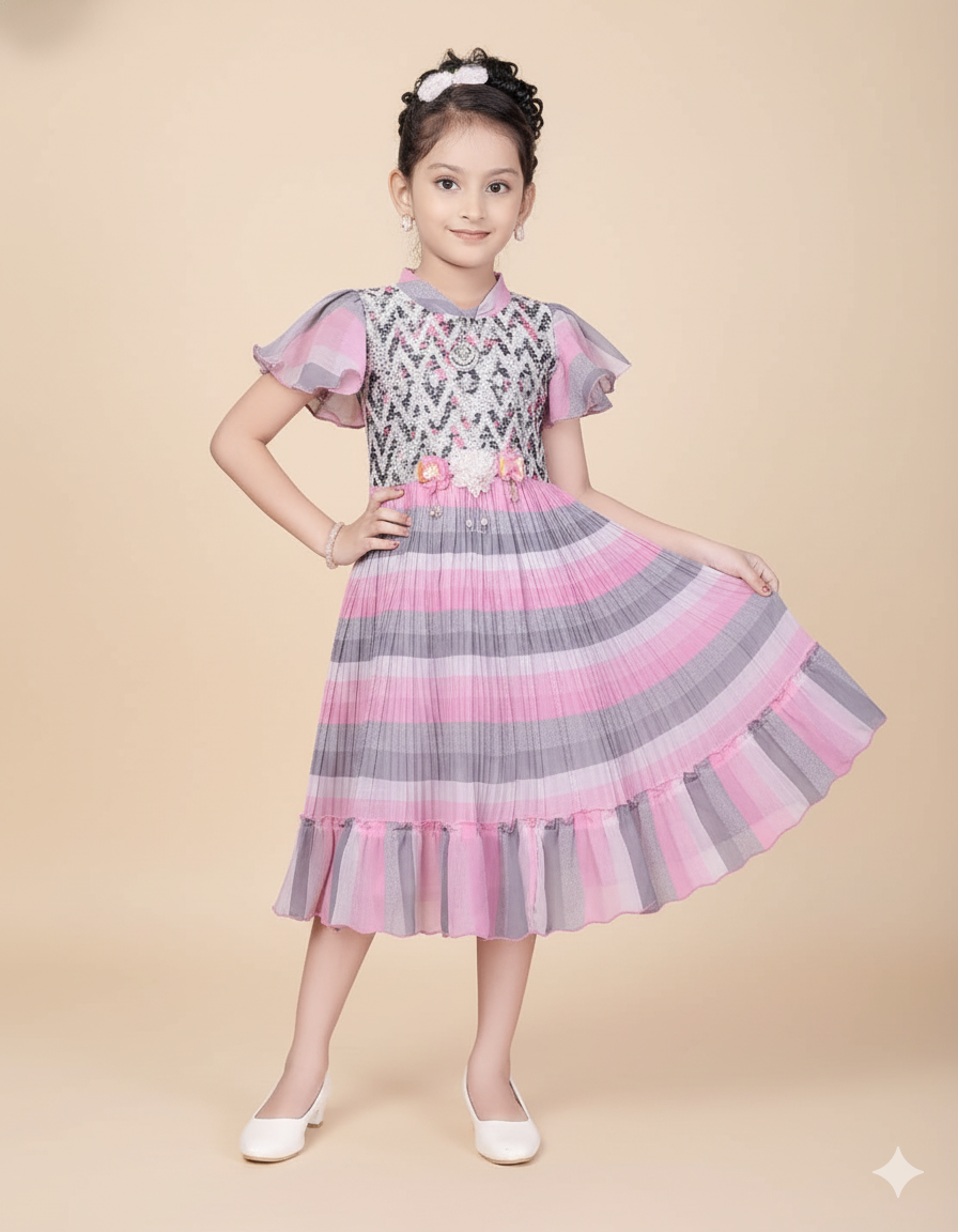 Sweet Blossom Girls’ Pink & Grey Party Frock